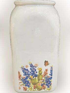 FARMHOUSE PAINTED GLASS VASE CONTAINER BLUEBONNET BOTTLE CERAMIC CROC VIB 7.5”